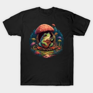 Cottagecore aesthetic cute frog playing ukelele on Mushroom T-Shirt